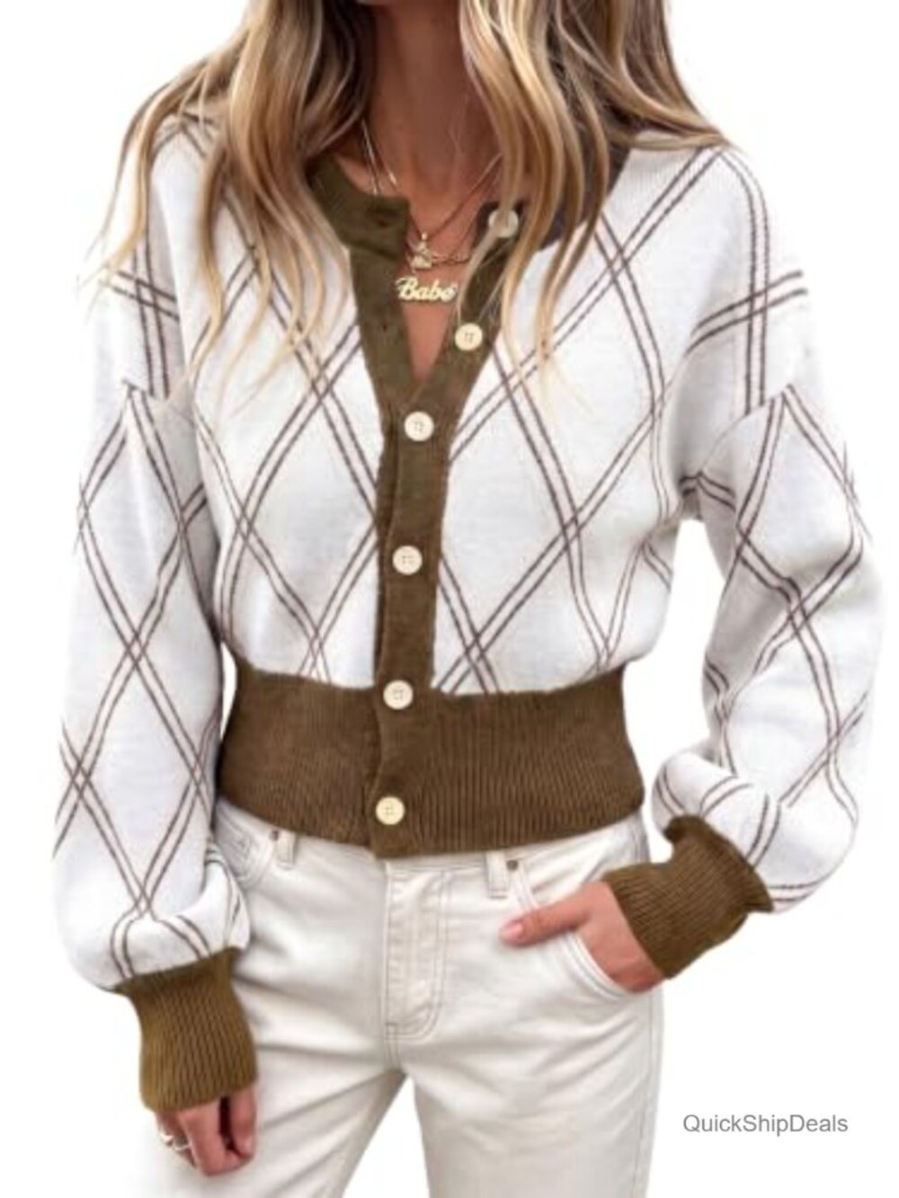 Women's Cropped Argyle Cardigan Sweater Preppy Button Down Long Sleeve Knit Top
